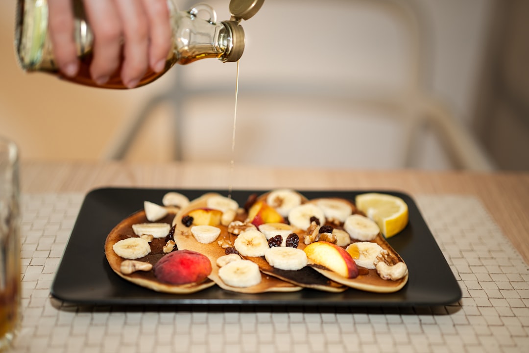 services-04 Breakfast meal. Sweet pancakes fruit maple.